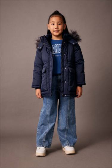 Kız Çocuk Su İtici Kapüşonlu Çıkarılabilir Suni Kürk Astarlı Mont Kaban