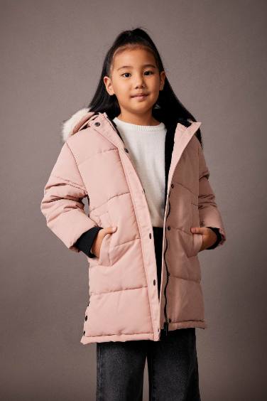 Manteau avec Capuche et Col en Fausse Fourrure amovible pour Fille