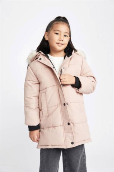 Kız Çocuk Çıkarılabilir Suni Kürk Yaka Kapüşonlu Suni Kürk Astarlı Mont Kaban