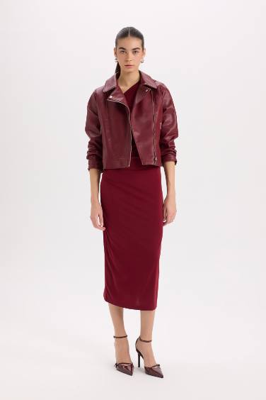 Su Geçirmez Suni Deri Ceket Mont Kruvaze Yaka Fermuarlı Cepli