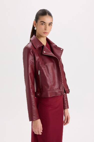 Su Geçirmez Suni Deri Ceket Mont Kruvaze Yaka Fermuarlı Cepli