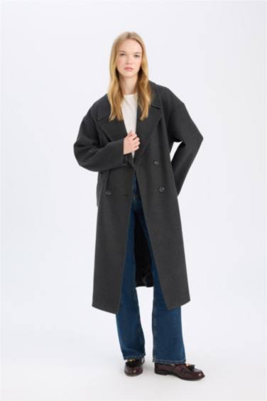 Oversize Geniş Kalıp Ceket Yaka Düğmeli Uzun Kaşe Kaban