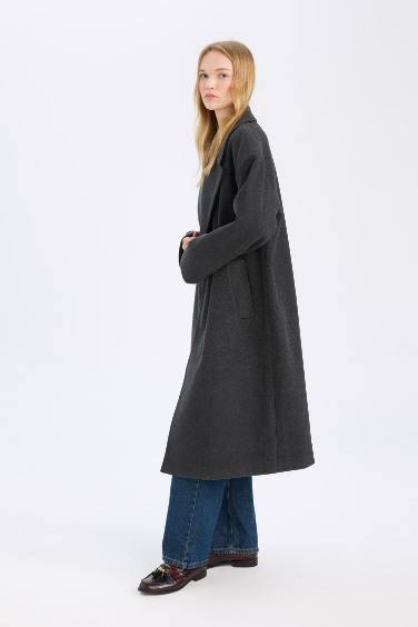 Oversize Geniş Kalıp Ceket Yaka Düğmeli Uzun Kaşe Kaban