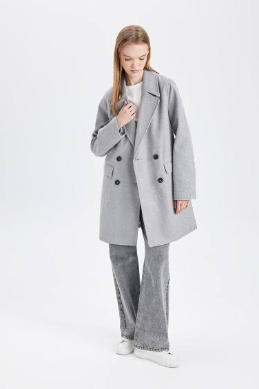 Rüzgar Geçirmez Uzun Kaşe Kaban Oversize Geniş Kalıp Kruvaze Yaka Düğmeli