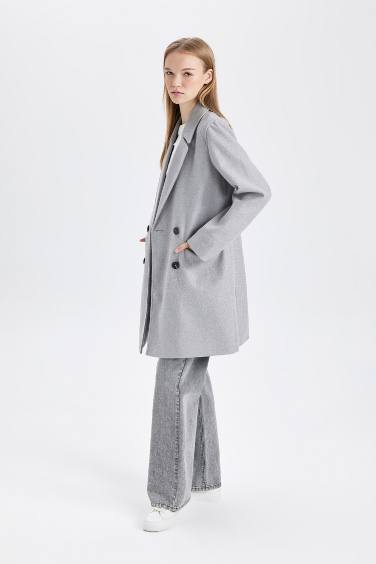 Rüzgar Geçirmez Uzun Kaşe Kaban Oversize Geniş Kalıp Kruvaze Yaka Düğmeli