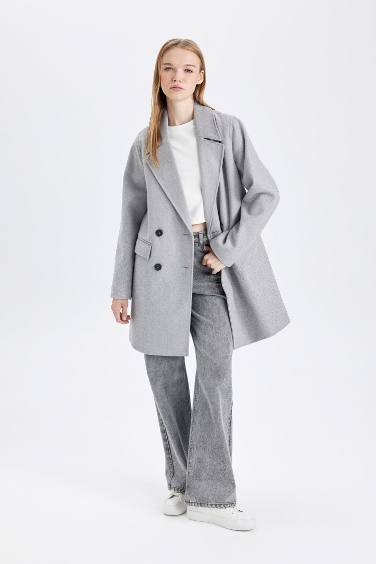 Rüzgar Geçirmez Uzun Kaşe Kaban Oversize Geniş Kalıp Kruvaze Yaka Düğmeli