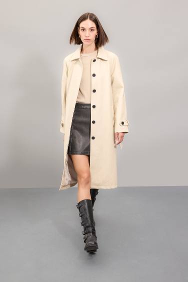 Su Geçirmez Suni Deri Trençkot Gömlek Yaka Düğmeli Cepli Apoletli Uzun