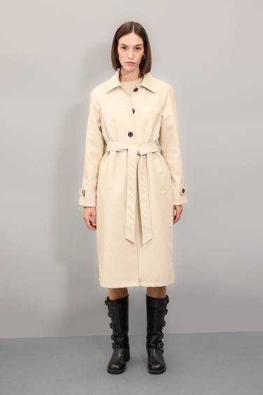 Su Geçirmez Suni Deri Trençkot Gömlek Yaka Düğmeli Cepli Apoletli Uzun