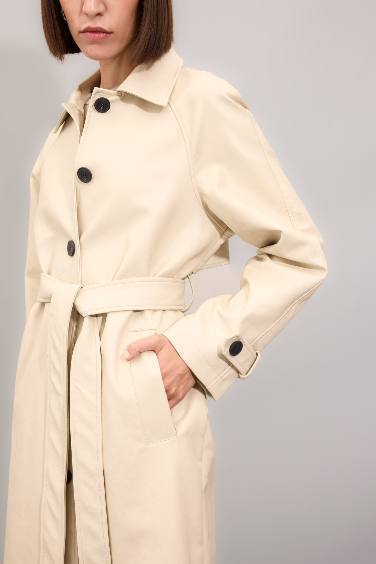 Su Geçirmez Suni Deri Trençkot Gömlek Yaka Düğmeli Cepli Apoletli Uzun