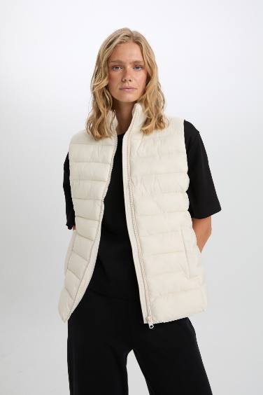 Stand Collar Quilted Pocketed Waterproof Puffer Vest