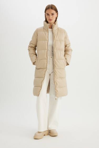 Waterproof Relax Fit Faux Leather Long Puffer Jacket