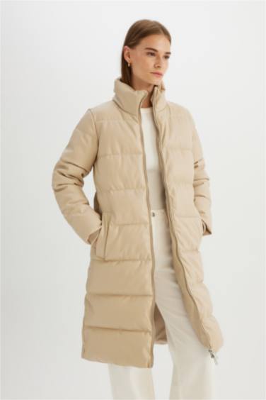 Waterproof Relax Fit Faux Leather Long Puffer Jacket