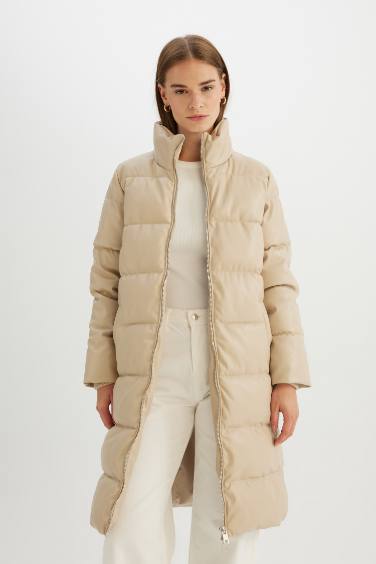 Waterproof Relax Fit Faux Leather Long Puffer Jacket