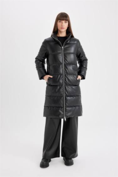 Waterproof Relax Fit Faux Leather Long Puffer Jacket