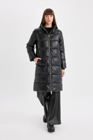 Waterproof Relax Fit Faux Leather Long Puffer Jacket
