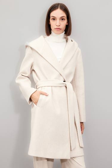 Regular Pattern Hooded Button Closure Belted Long Cachet Coat