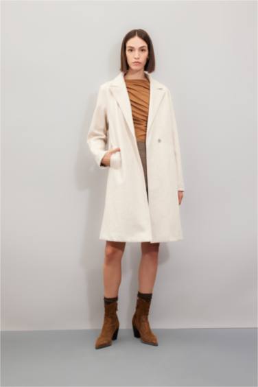 Regular Fit Kruvaze Yaka Çıtçıtlı Cepli Uzun Kaşe Kaban