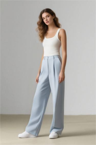 Afra x DeFacto Wide Leg Tensel Kumaş Palazzo Pantolon Cepli Yüksek Bel Geniş Paça