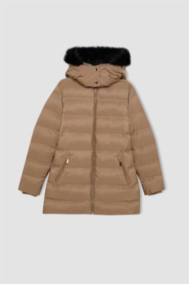 Su Geçirmez Uzun Mont Parka Isı Yalıtımlı Kemerli Kapüşonlu Suni Kürklü Hafif