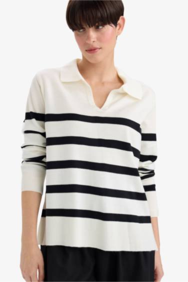 Regular Fit Polo Collar Striped Pullover