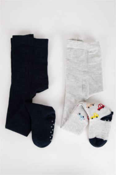 Erkek Bebek Baskılı Kaydırmaz Taban 2'li Pamuklu Külotlu Çorap
