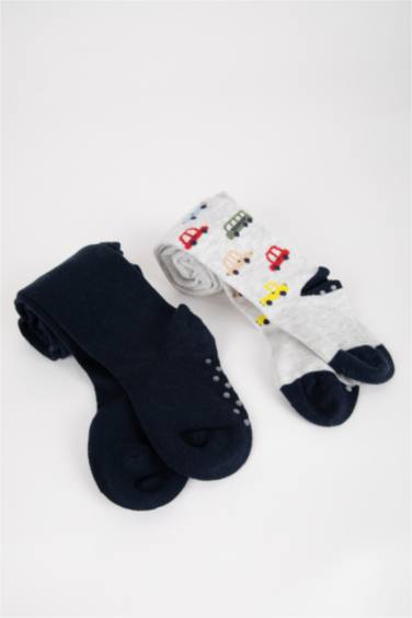 Erkek Bebek Baskılı Kaydırmaz Taban 2'li Pamuklu Külotlu Çorap