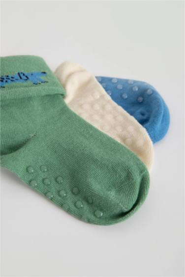 Erkek Bebek Kaydırmaz Tabanlı 3'lü Organik Pamuklu Uzun Çorap