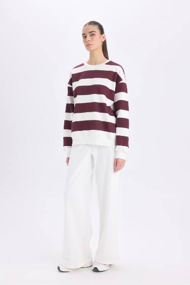 Relax Fit Bisiklet Yaka Çizgili Kalın Sweatshirt