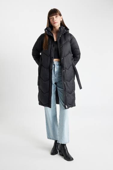 Oversize Fit Hooded Belted Quilted Waterproof Long Puffer Jacket