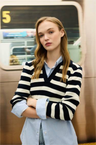 Slim Fit Dar Kesim Polo Yaka Çizgili Triko Kazak