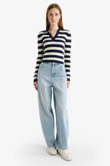 Slim Fit Dar Kesim Polo Yaka Çizgili Triko Kazak