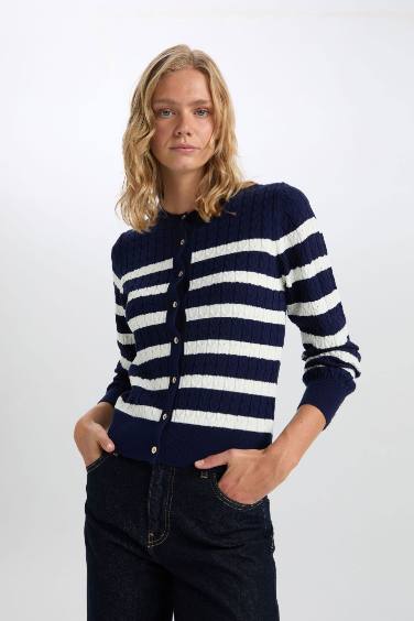 Regular Fit Striped Crew Neck Knitted Cardigan