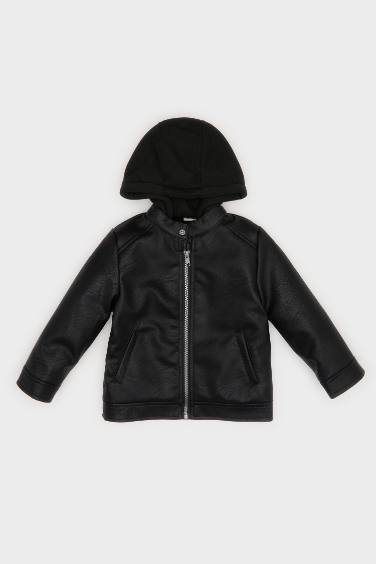 Baby Boy Hooded Plush Lining Faux Leather Jacket