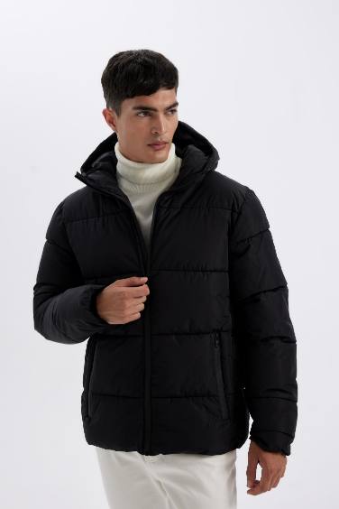 Hooded Puffer Coat Zippered Double Pocketed