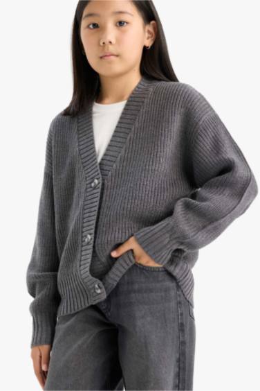 Kız Çocuk V Yaka Düğmeli Triko Hırka