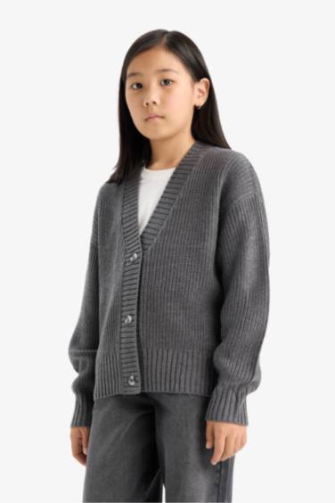 Kız Çocuk V Yaka Düğmeli Triko Hırka