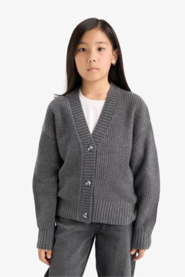 Kız Çocuk V Yaka Düğmeli Triko Hırka