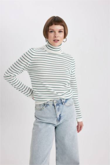 Regular Fit Balıkçı Yaka Çizgili Triko Kazak