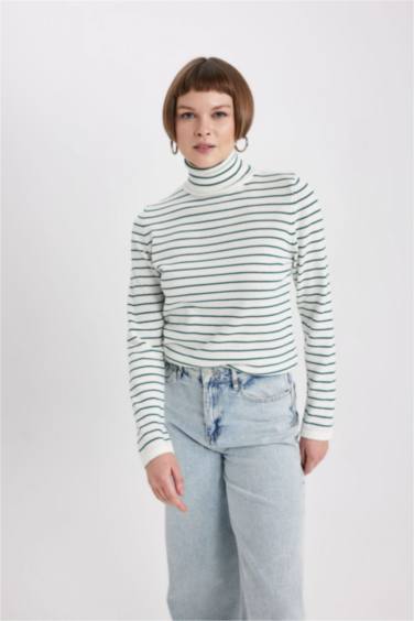 Regular Fit Balıkçı Yaka Çizgili Triko Kazak