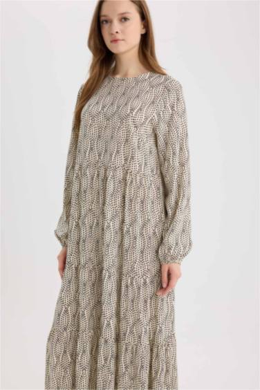 Crew Neck Patterned Long Sleeve Maxi Dress