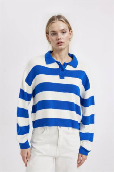 Regular Fit Polo Yaka Düğmeli Çizgili Triko Kazak