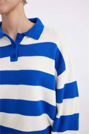 Regular Fit Polo Neck Striped Knit Pullover