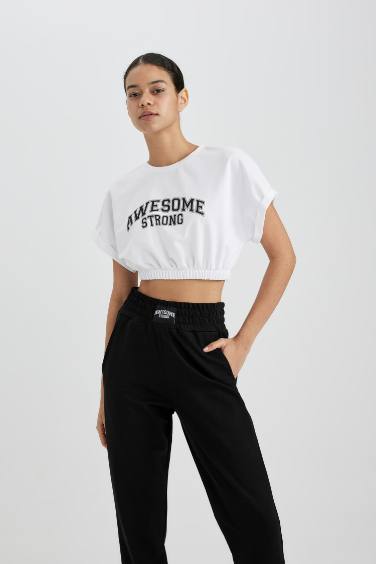 DeFactoFit Crop Crew Neck Slogan Printed Sports T-Shirt