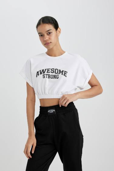 DeFactoFit Crop Crew Neck Slogan Printed Sports T-Shirt