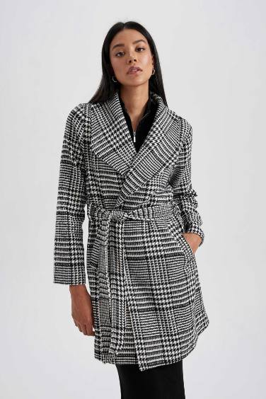 Regular Fit Stamped Plaid Patterned Coat