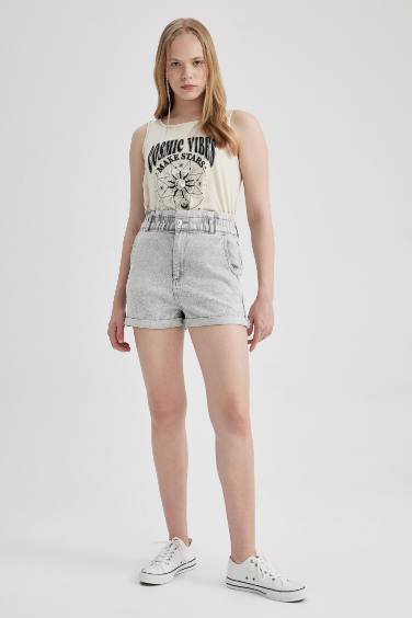 Paperbag Fit Denim High waist Folded Leg Shorts