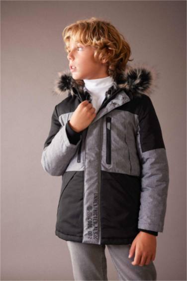 Erkek Çocuk Su İtici Kapüşonlu Çıkarılabilir Suni Kürk Polar Astarlı Şişme Kaban