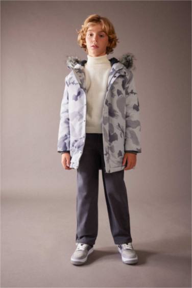 Boy Waterproof Camouflage Patterned Hooded Removable Fur Plush Lining Jacket