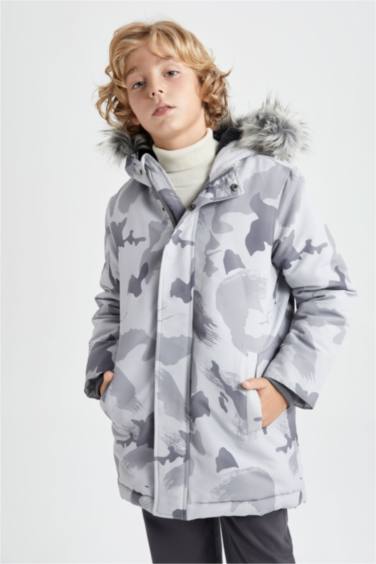 Boy Waterproof Camouflage Patterned Hooded Removable Fur Plush Lining Jacket