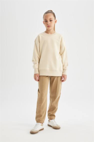 Relax Fit Bisiklet Yaka Pamuklu Basic Düz Okul Sweatshirt Kız Çocuk